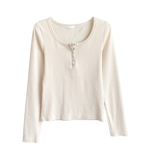 白色低领纽扣打底衫女装内搭外穿2026春季新款棉修身长袖t恤上衣