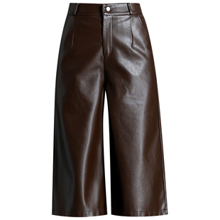 PU皮裤阔腿裤女款2025新款秋冬季宽松直筒小个子七分裤子八分中裤