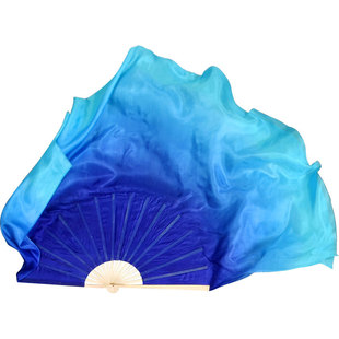 古典舞扇子真丝双面加长大圆扇宝蓝渐变胶州秧歌舞蹈扇子跳舞绸扇