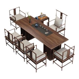 现代老榆木实木茶桌乌金石茶盘一体茶台中式简约办公泡茶桌椅组合