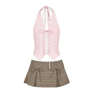 【张含韵同款】LSOUL 粉色挂脖背心紧身度假风修身露背性感不规则