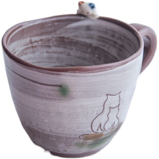 ⭐日本制中古粗陶杯手绘卡通猫手工马克杯立体稀少ins同款刷毛目