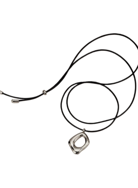 韩系银色几何金属吊坠黑皮绳项链