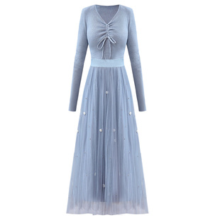 v领针织连衣裙显瘦毛衣女秋装长裙子2024新款打底长款百褶网纱裙