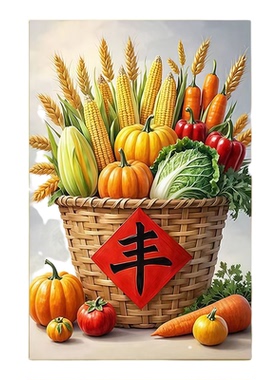 五谷丰登装饰画丰收图客厅餐厅寓意好挂画厨房玄关果蔬壁画自粘画
