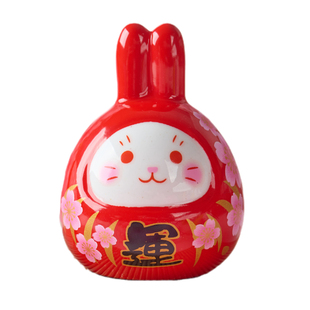 卡通可爱陶瓷小兔子摆件中式家居装饰品创意中秋送礼红色达摩兔