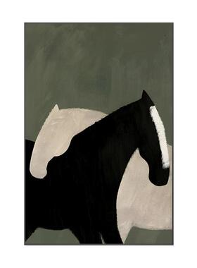 绿色骏马手绘玄关过道挂画轻奢
