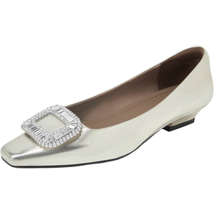 summer同款康莉水钻方扣单鞋女2025春季新款真皮法式金色平底鞋子