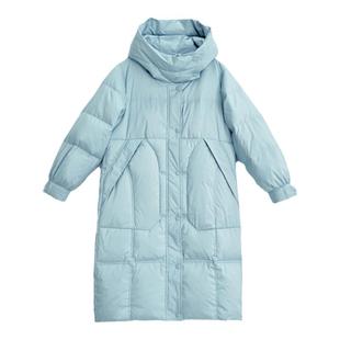诗梦女装冬季新款浅蓝绿色长款羽绒服90鹅绒连帽休闲廓形面包服