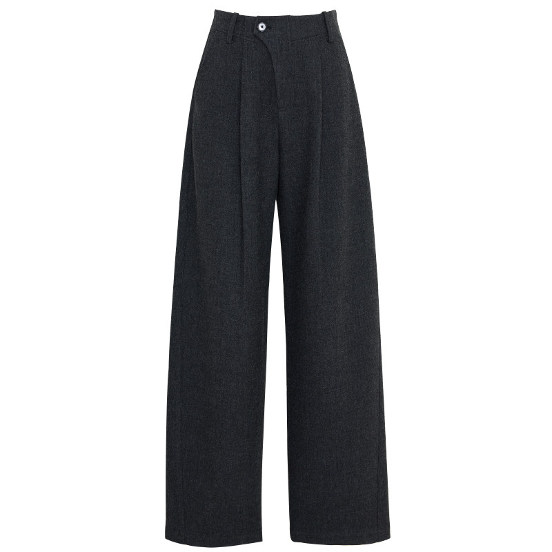 夏莫卡斜门襟后松紧腰灰色阔腿裤