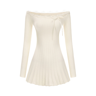 【卢昱晓同款】NanaJacqueline针织连衣裙女蕾丝蝴蝶结一字肩短裙