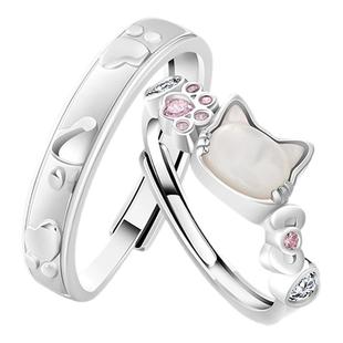 VIVIWELL萌动猫爪 可爱贝母猫猫头情侣对戒小众纯银闺蜜戒指礼物