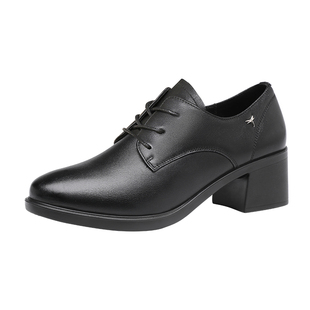 红蜻蜓女鞋秋冬加绒保暖鞋子牛皮女士皮鞋女粗跟高跟鞋真皮妈妈鞋