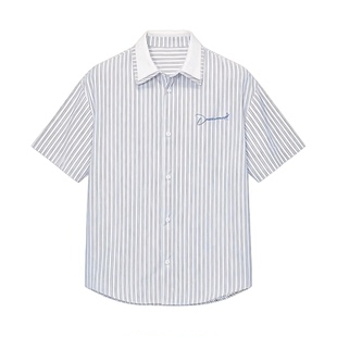 Dream made美式假两件条纹短袖衬衫男款夏季休闲情侣半袖男生衬衣