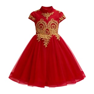 女童生日红色公主裙气质纱纱长裙中式立领蓬蓬裙演出服主持人礼服