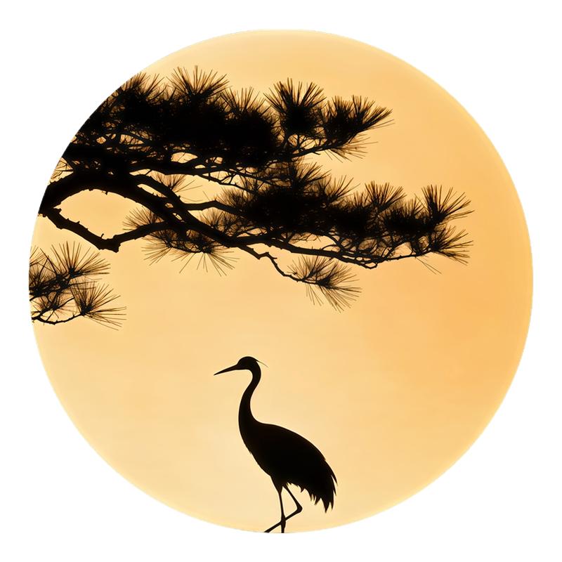 松鹤延年墙贴圆形水墨剪影背胶自粘茶室玄关长寿吉祥遮瑕可移除贴