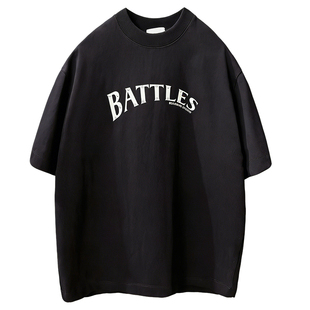 380g美式BATTLES字母粘贴重磅纯棉宽松短袖T恤高街落肩圆领半袖潮