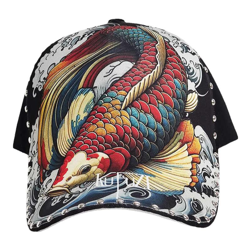 棒球帽潮牌个性印花锦鲤鱼鸭舌帽时尚百搭防晒春夏季帽子透气网帽