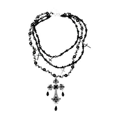 多层叠戴哥特风黑色串珠项链