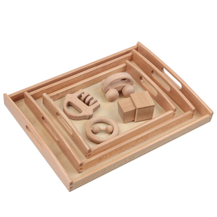 蒙氏带手柄榉木收纳工作托盘幼儿园蒙台梭利日常生活木质早教教具