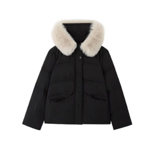 大码胖mm黑色连帽大毛领棉服女短款宽松加厚保暖直筒外套冬季棉衣