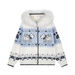 文文不乖原创美式复古毛领提花连帽针织开衫费尔岛小狗毛衣女冬季