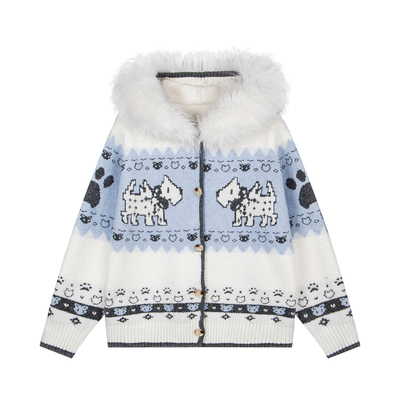 文文不乖原创美式复古毛领提花连帽针织开衫费尔岛小狗毛衣女冬季