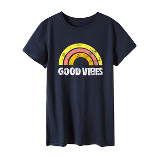 现货 欧美女装Women T-shirt宽松大码彩虹薄款纯棉短袖T恤女潮