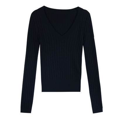 MULVAN 比利时钟声 V领麻花长袖套头针织衫女修身内搭打底衫上衣