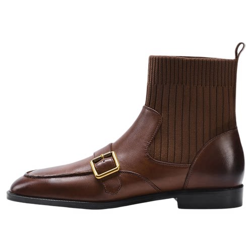 MILLIE'S/妙丽老钱风皮带扣弹力短靴女2026春季棕色针织袜靴女靴