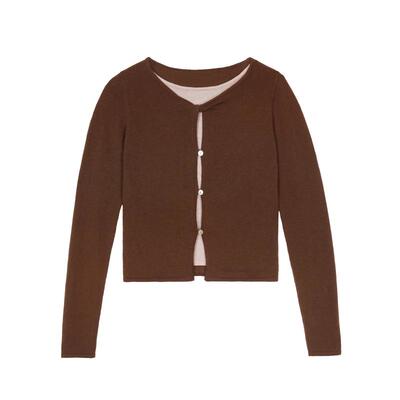 LLANO纽结撞色假两件针织衫打底衫法式气质内搭长袖T恤修身女秋冬