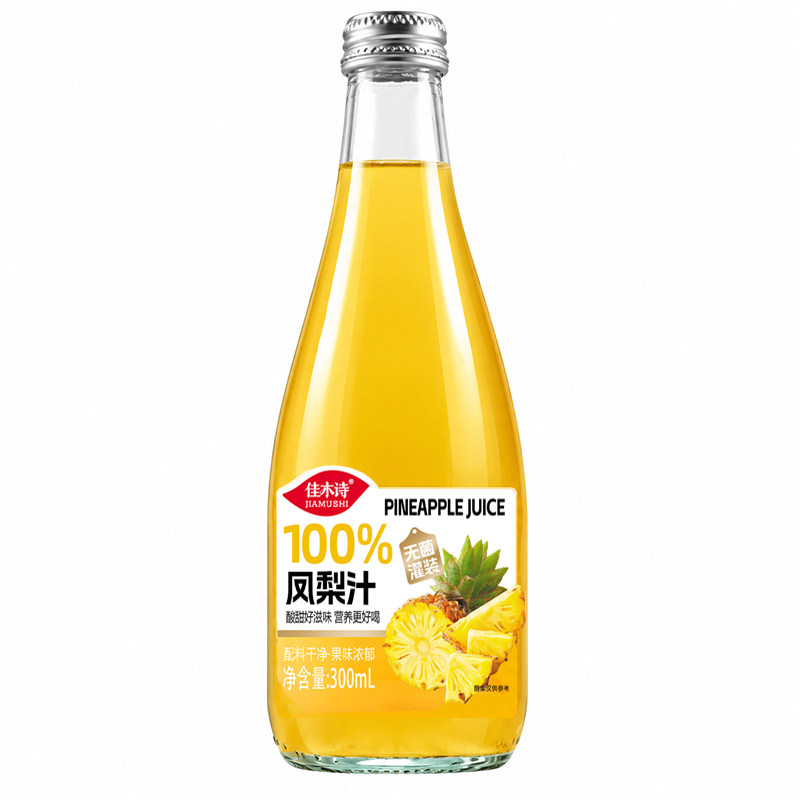 【玻璃锁鲜】100%凤梨汁饮料整箱300ml*6瓶0添加剂0色素0香精果汁