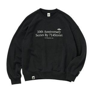 714street十周年美式印花圆领加绒卫衣男25秋冬落肩袖宽松长袖T恤