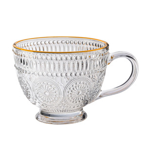 玻璃杯浮雕太阳花水杯女夏早餐杯燕麦杯子ins风家用茶杯带把 牛奶