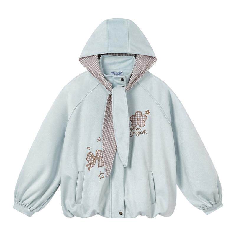 MoCreation 格纹领结绑带连帽外套女宽松慵懒风休闲夹克少女蓝色