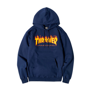 王一博同款thrasher火焰黑色连帽套头卫衣男女炸街情侣帽衫潮秋冬