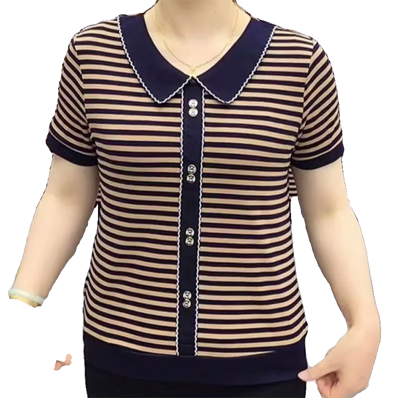 条纹短袖t恤女夏季新款中年妈妈polo衫夏装大码女士宽松减龄上衣