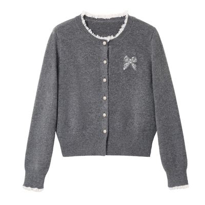 蓝语法式甜美蕾丝蝴蝶结针织开衫