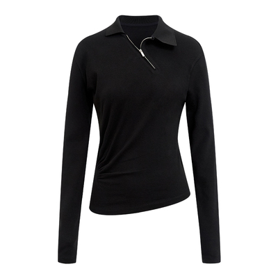 设计感黑色斜拉链POLO衫长袖上衣