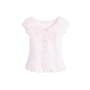 BBING甜饼 双生樱酪 中古doll感泡泡袖衬衫抽绳收腰一字肩上衣