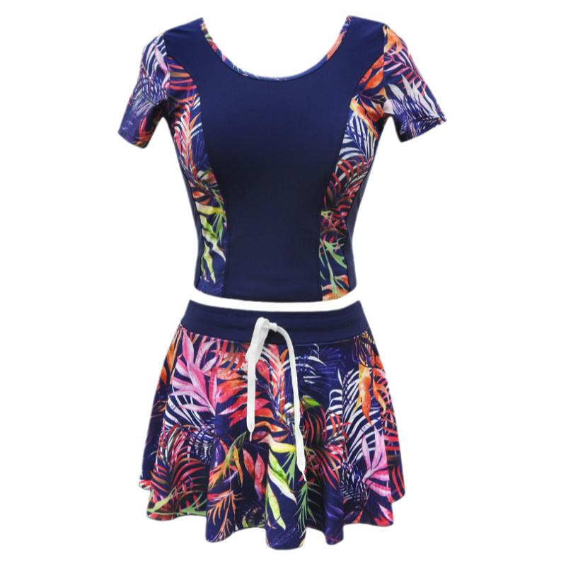 温泉新款加肥加大泳衣女保守分体短袖游泳衣遮肚温泉大码妈妈泳装