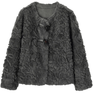 爱居兔柔软毛层保暖短外套2025年冬季新款女显瘦贵气优雅夹克