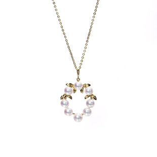 日本海水akoya珍珠项链女款圆形花环18K金橄榄枝吊坠小米珠颈链