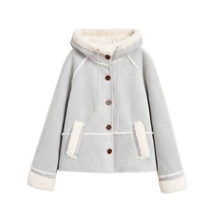 紫涵短款连帽外套女2025冬季新款内里仿羊羔毛加绒拼接夹克上衣
