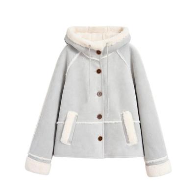 紫涵短款连帽外套女2025冬季新款内里仿羊羔毛加绒拼接夹克上衣