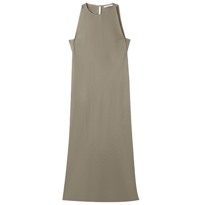 【亚麻】LANCY/朗姿夏季新款高级感挂脖无袖气质斜肩长款连衣裙