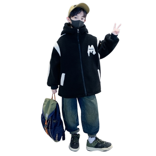 儿童羊羔绒外套男童2025新款秋冬季中大童网红炸街加绒加厚上衣潮