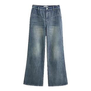 MARC MOORE 春夏新款时尚水洗蓝阔腿显瘦牛仔裤美式复古百搭