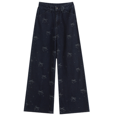 阔腿牛仔裤女春秋2026新款高腰百搭时尚显瘦蝴蝶结刺绣地直筒裤子