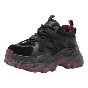 华耐黑色运动鞋女厚底2025春秋新品时尚防滑增高休闲带钻老爹鞋子